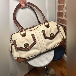 Vintage Canvas Coach Satchel Handbag in Cream with Brown Trim